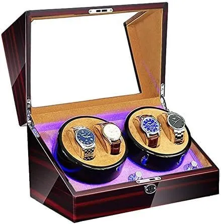 LED Illumination Piano Paint Exterior Super Quiet Motor AC Adapter and Battery Powered Mechanical Watch Shaker Watch Winder for 4 Automatic humorous Watch with 