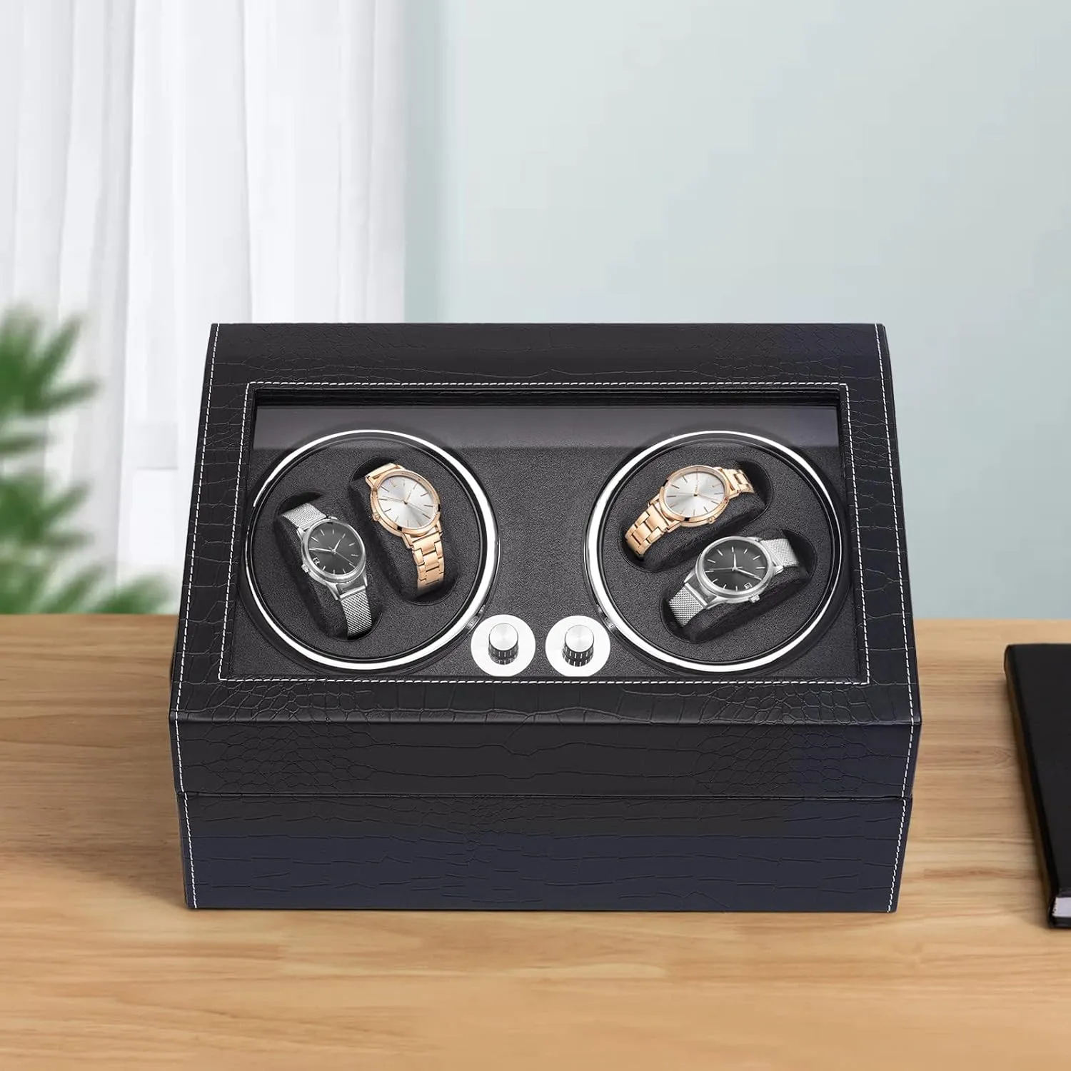 Light, Crocodile Pattern Watch consistent otherwise roar Display Case Super Quiet for Lady and Men (Grey Inner) 4 6 Watch Winder, Luxury Automatic Watch Winder Box with Blue LED 