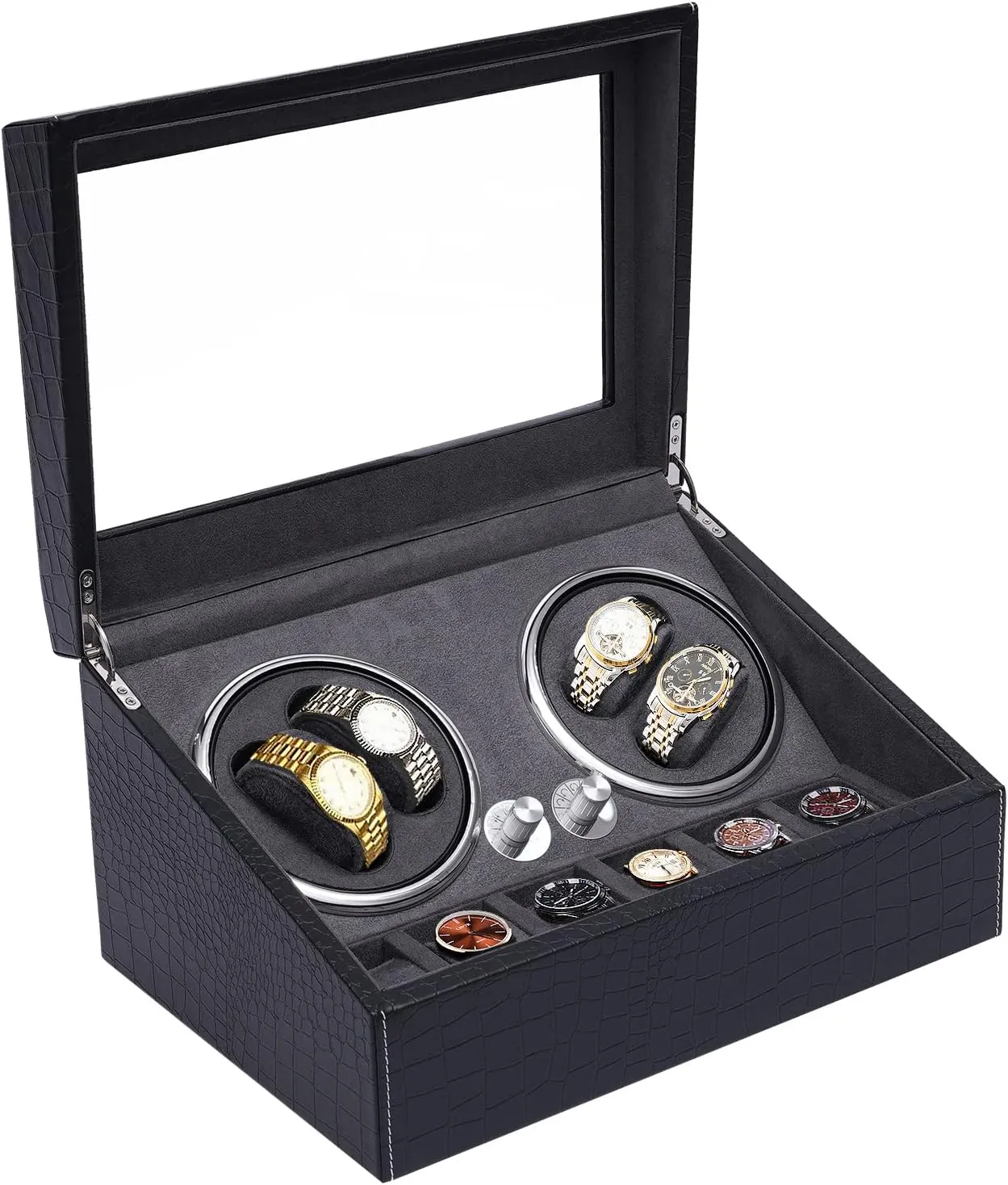 Light, Crocodile Pattern Watch consistent otherwise roar Display Case Super Quiet for Lady and Men (Grey Inner) 4 6 Watch Winder, Luxury Automatic Watch Winder Box with Blue LED 