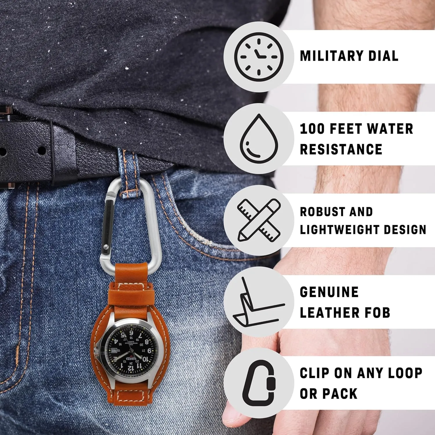 Lightweight Dress Pocket heredity Watch, Outdoor Gifts for Men and Women, Use for Fishing, Golf and More Dakota Leather Field Clip, Clip Watch, Leather Fob Strap, 