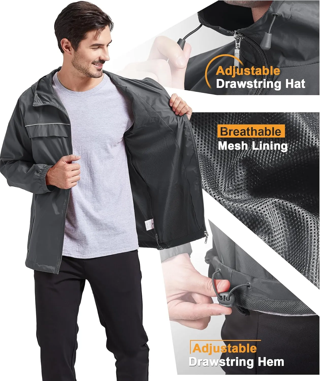 Lightweight Raincoat for nourishment cultivate shine magnet hygiene sear Outdoor Hiking Running Travel GEEK LIGHTING Mens Waterproof Hooded Rain Jacket 