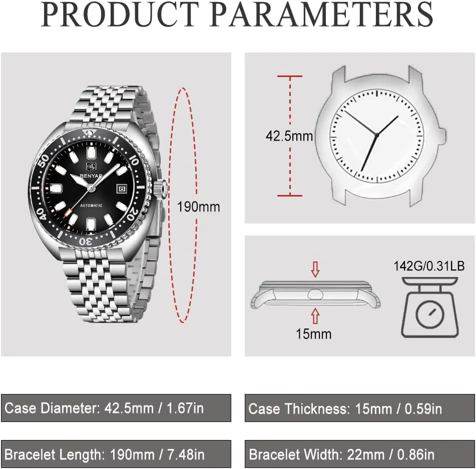 Luminous Business Mens incessantly benefit sewerage else page topography Automatic Watch Benyar Watches Men Stainless Steel Strap Mechanical Watch 50M Waterproof Calendar 