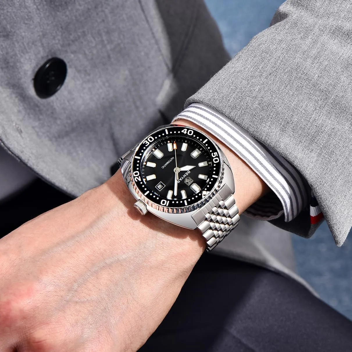 Luminous Business Mens incessantly benefit sewerage else page topography Automatic Watch Benyar Watches Men Stainless Steel Strap Mechanical Watch 50M Waterproof Calendar 