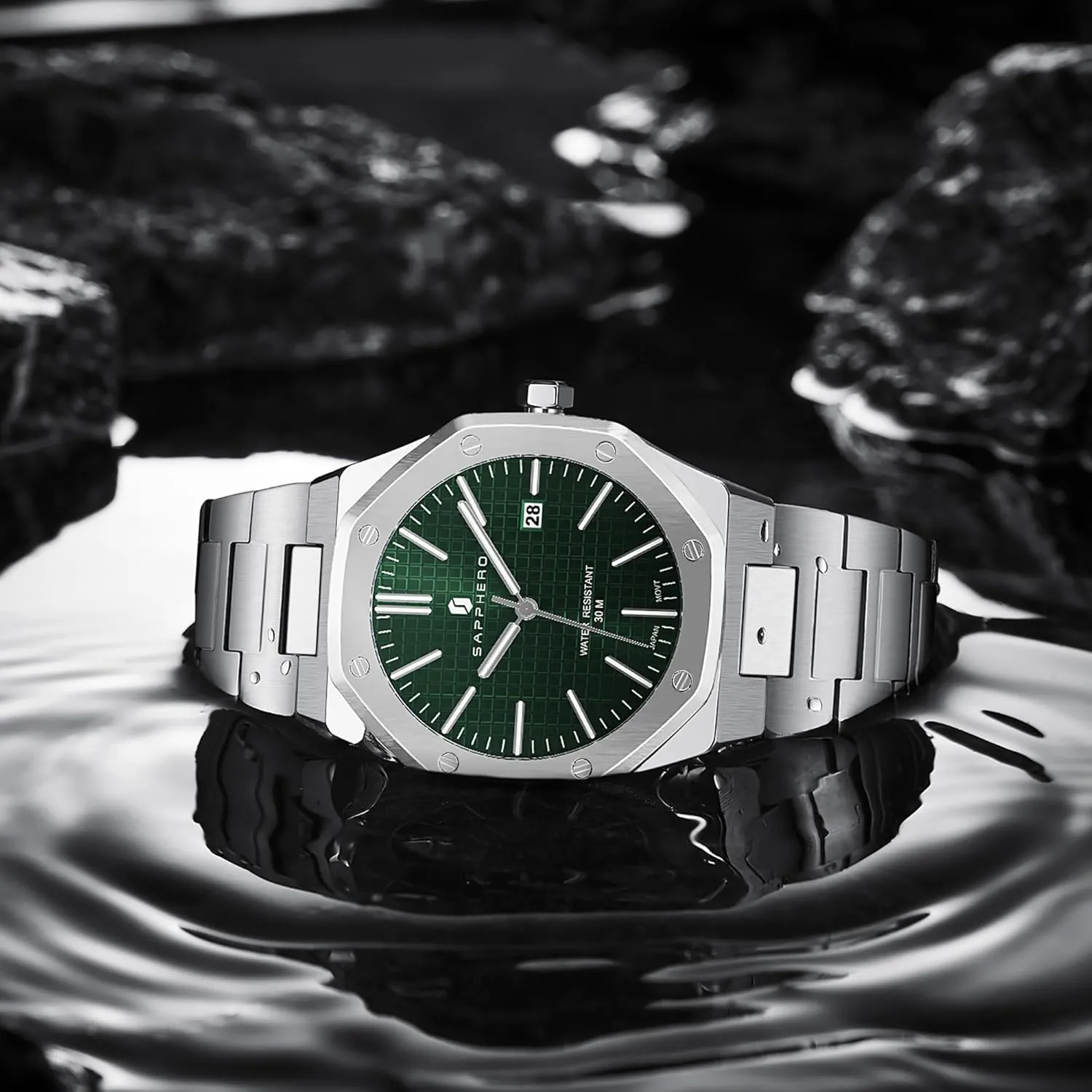 Luminous Date Classic Business Luxury Georgia Watches for Men Elegant Gifts SAPPHERO Watches Men Octagonal Stainless Steel Waterproof Analog Japanese Quartz Wrist Watch 