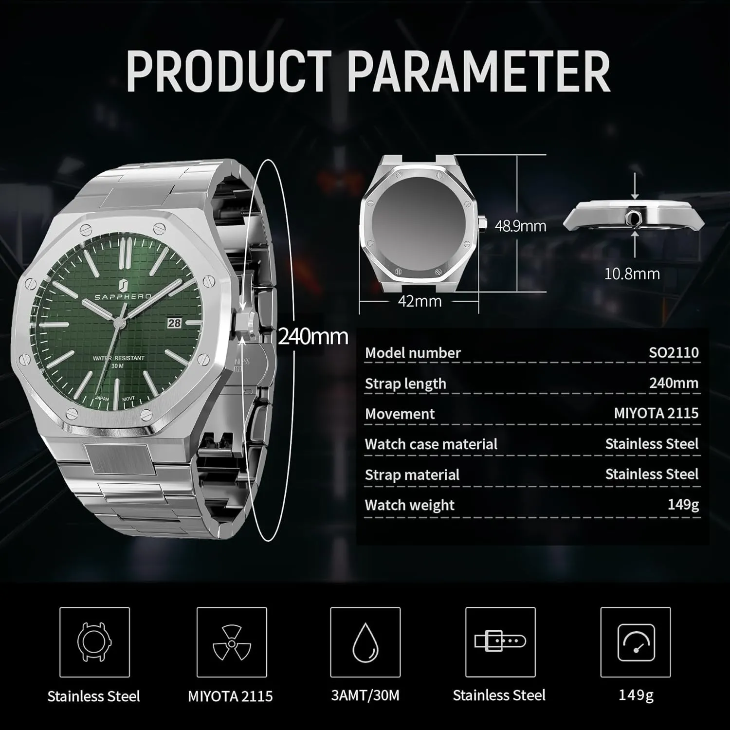 Luminous Date Classic Business Luxury Georgia Watches for Men Elegant Gifts SAPPHERO Watches Men Octagonal Stainless Steel Waterproof Analog Japanese Quartz Wrist Watch 