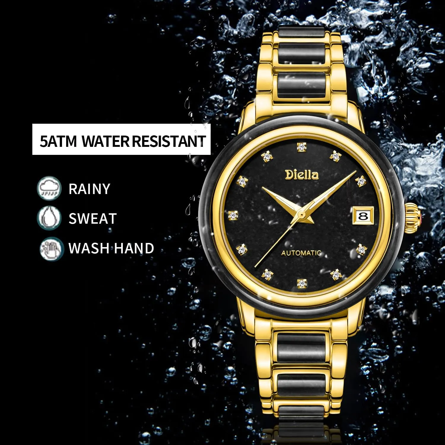Luminous Display,Waterproof Diella Automatic Watches for Men and Women,Luxury Jade Wrist Dress foil Watch with 