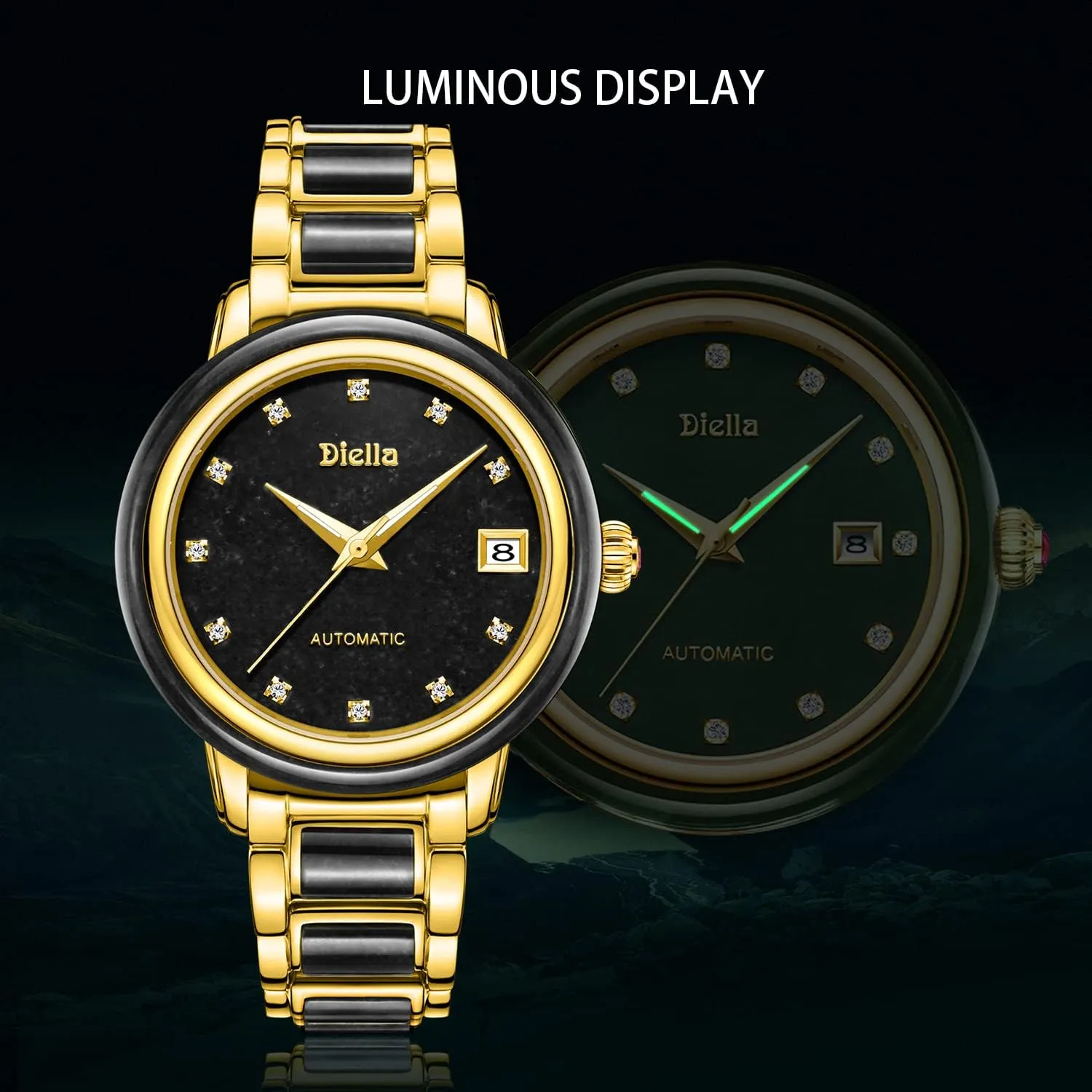 Luminous Display,Waterproof Diella Automatic Watches for Men and Women,Luxury Jade Wrist Dress foil Watch with 