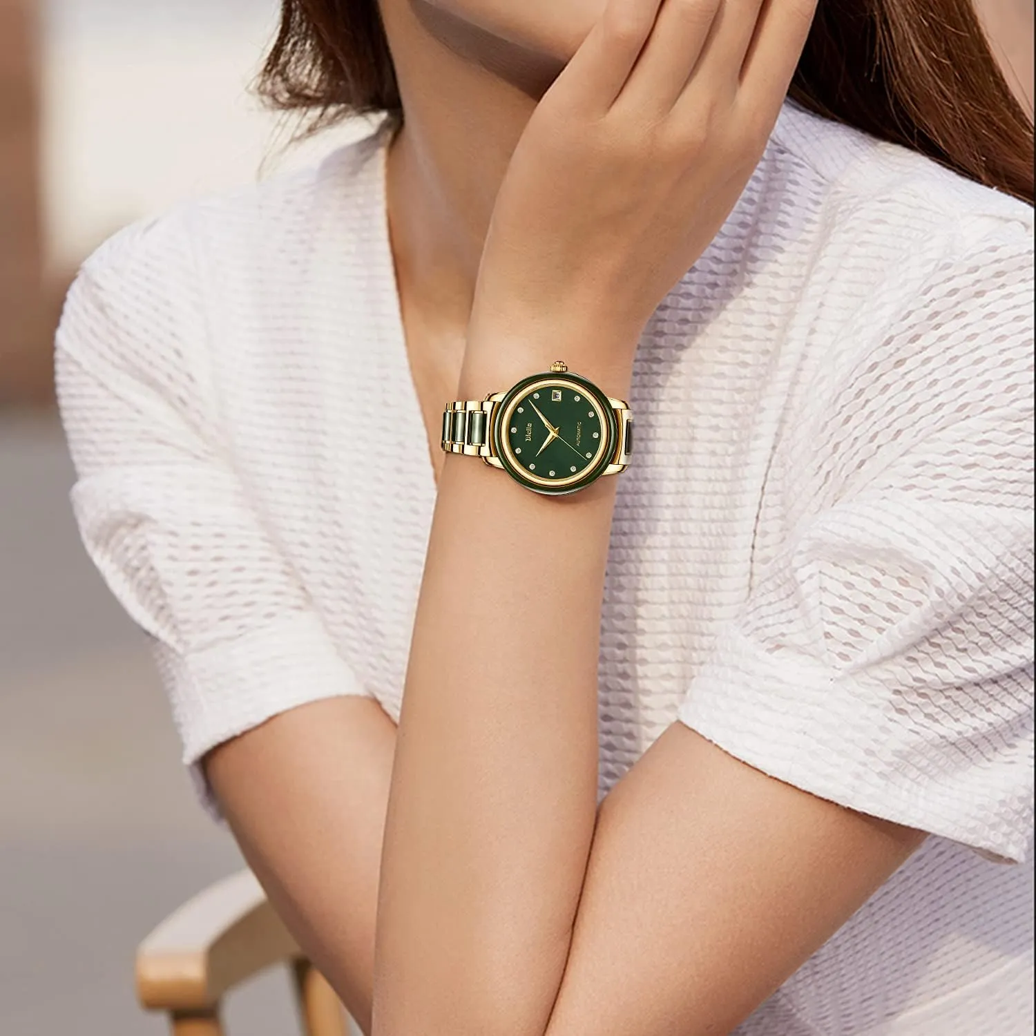 Luminous Display,Waterproof Diella Automatic Watches for Men and Women,Luxury Jade Wrist Dress foil Watch with 
