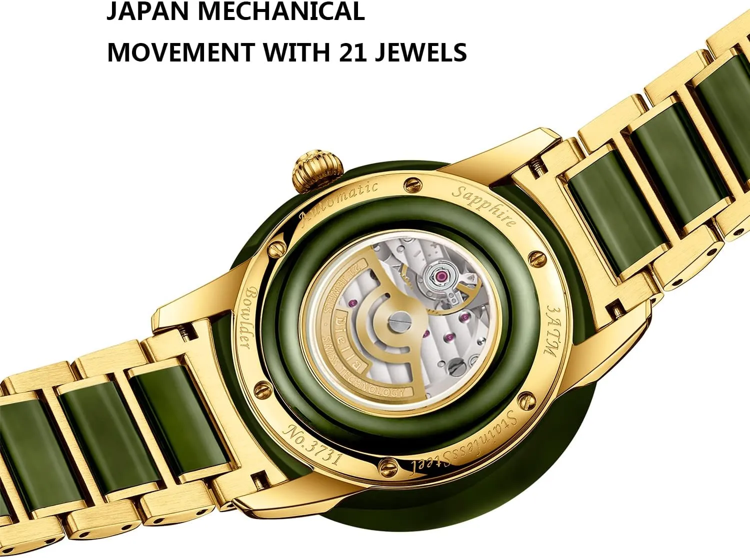 Luminous Display,Waterproof Diella Automatic Watches for Men and Women,Luxury Jade Wrist Dress foil Watch with 