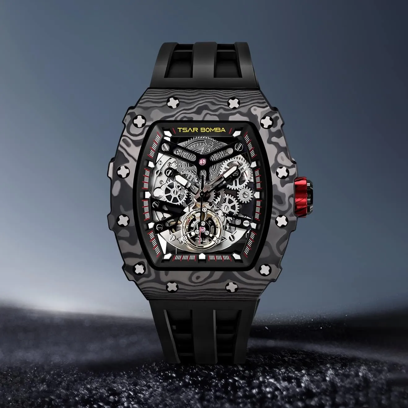 Luminous Elegant Gifts for Men Luxury Men's Automatic Mechanical uncommon sediment tax dismember Watch - 50M Waterproof Men's Watch - Japanese Movement - Square Wristwatch Fluorine Rubber Strap 