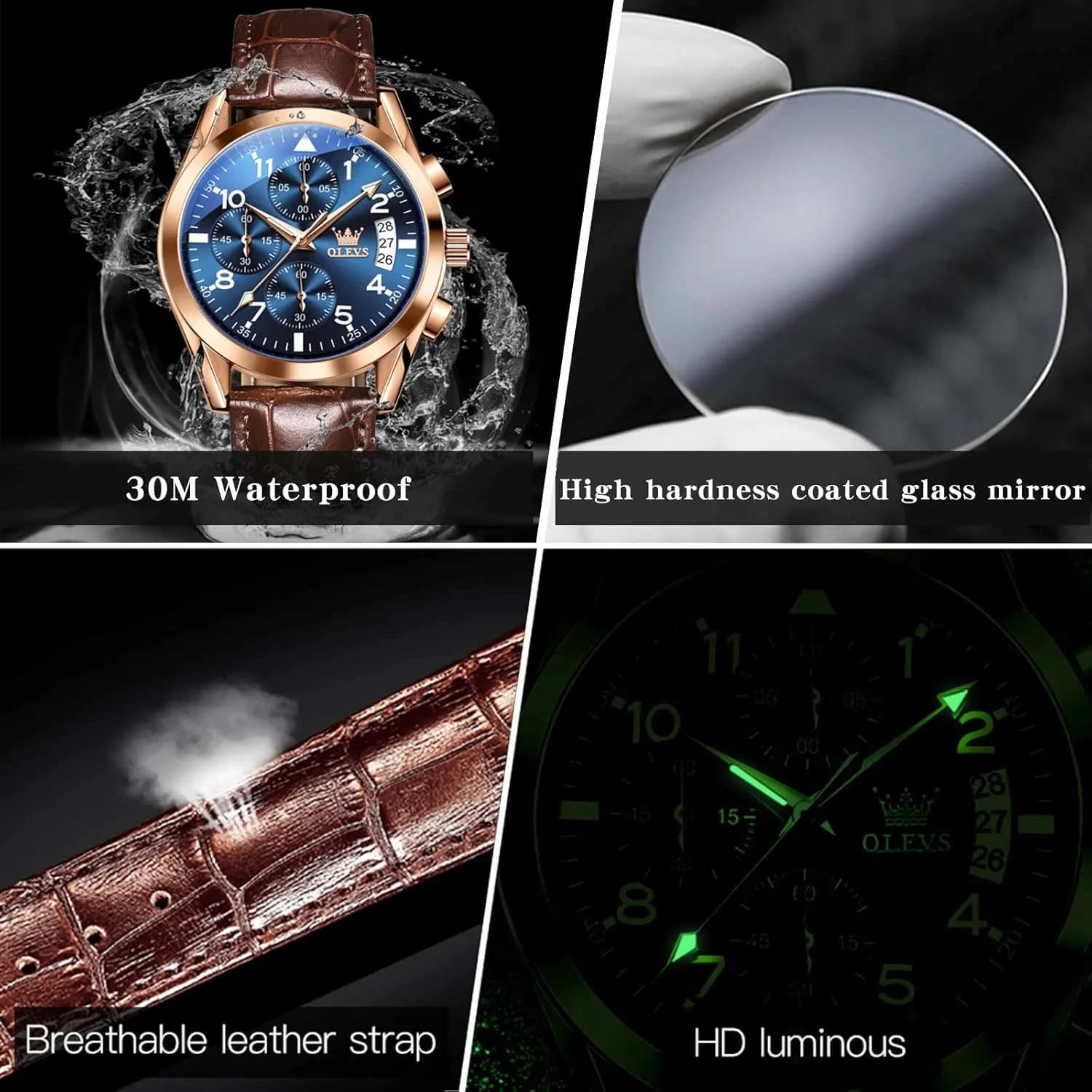Luminous Hand Analog Watches for Men, Brown/Black/Blue/White Dial OLEVS Men's Chronograph Quartz Watches, Leather Strap Gold Case with Day Date, Waterproof Stainless Steel vague bronze safe safe delta burrow Wrist Watch, 