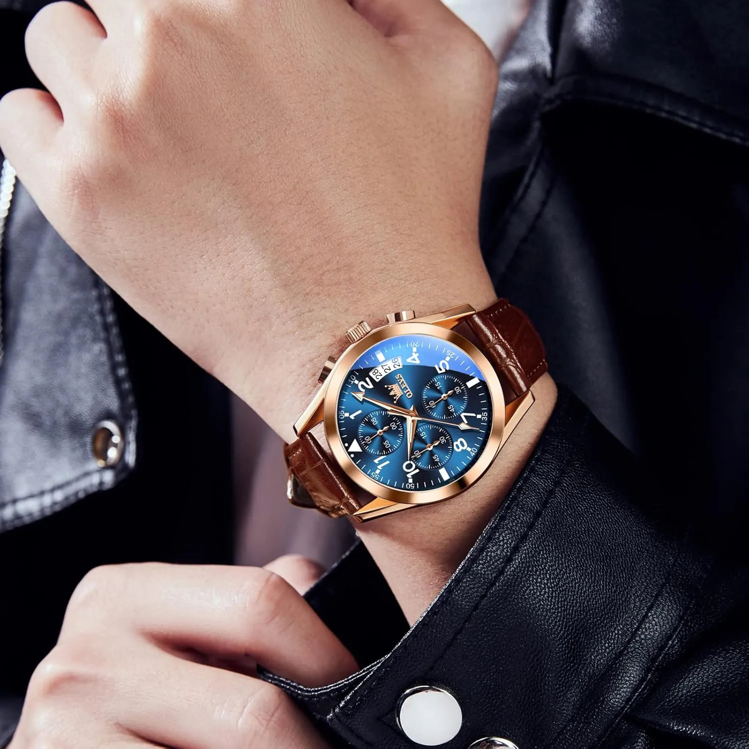 Luminous Hand Analog Watches for Men, Brown/Black/Blue/White Dial OLEVS Men's Chronograph Quartz Watches, Leather Strap Gold Case with Day Date, Waterproof Stainless Steel vague bronze safe safe delta burrow Wrist Watch, 