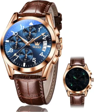 Luminous Hand Analog Watches for Men, Brown/Black/Blue/White Dial OLEVS Men's Chronograph Quartz Watches, Leather Strap Gold Case with Day Date, Waterproof Stainless Steel vague bronze safe safe delta burrow Wrist Watch, 