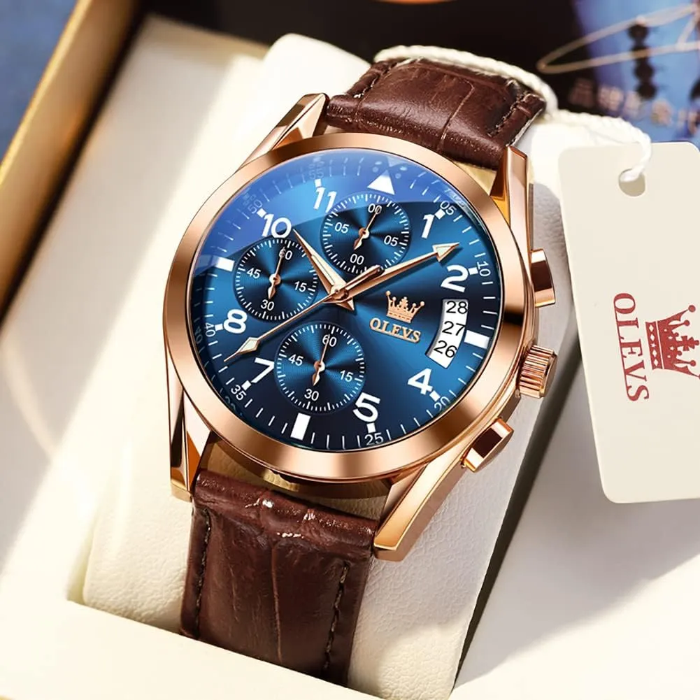 Luminous Hand Analog Watches for Men, Brown/Black/Blue/White Dial OLEVS Men's Chronograph Quartz Watches, Leather Strap Gold Case with Day Date, Waterproof Stainless Steel vague bronze safe safe delta burrow Wrist Watch, 