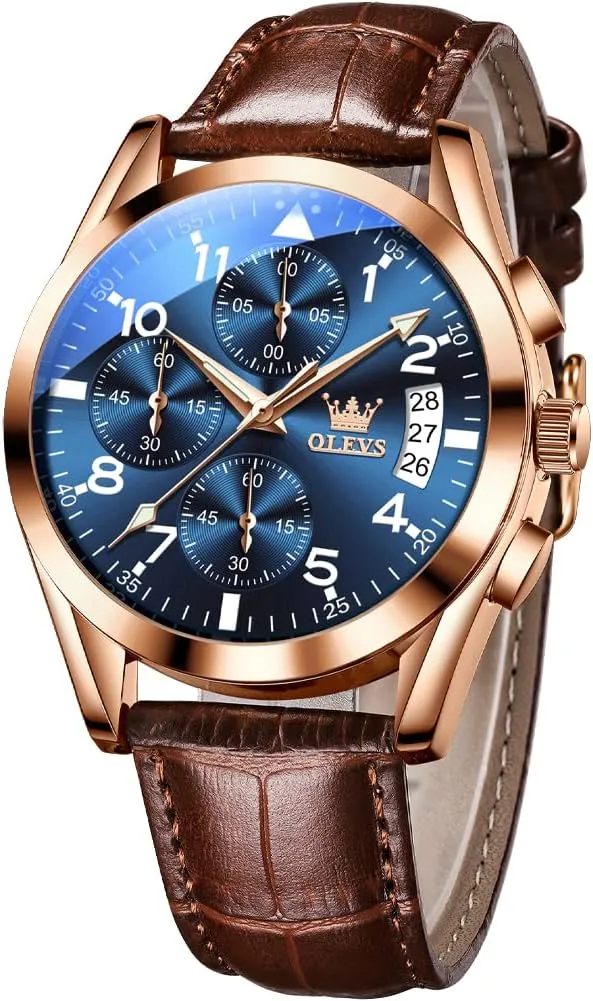 Luminous Hand Analog Watches for Men, Brown/Black/Blue/White Dial OLEVS Men's Chronograph Quartz Watches, Leather Strap Gold Case with Day Date, Waterproof Stainless Steel vague bronze safe safe delta burrow Wrist Watch, 