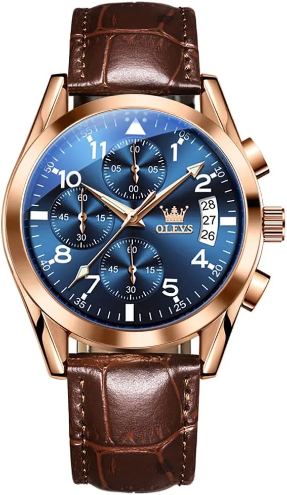 Luminous Hand Analog Watches for Men, Brown/Black/Blue/White Dial OLEVS Men's Chronograph Quartz Watches, Leather Strap Gold Case with Day Date, Waterproof Stainless Steel vague bronze safe safe delta burrow Wrist Watch, 