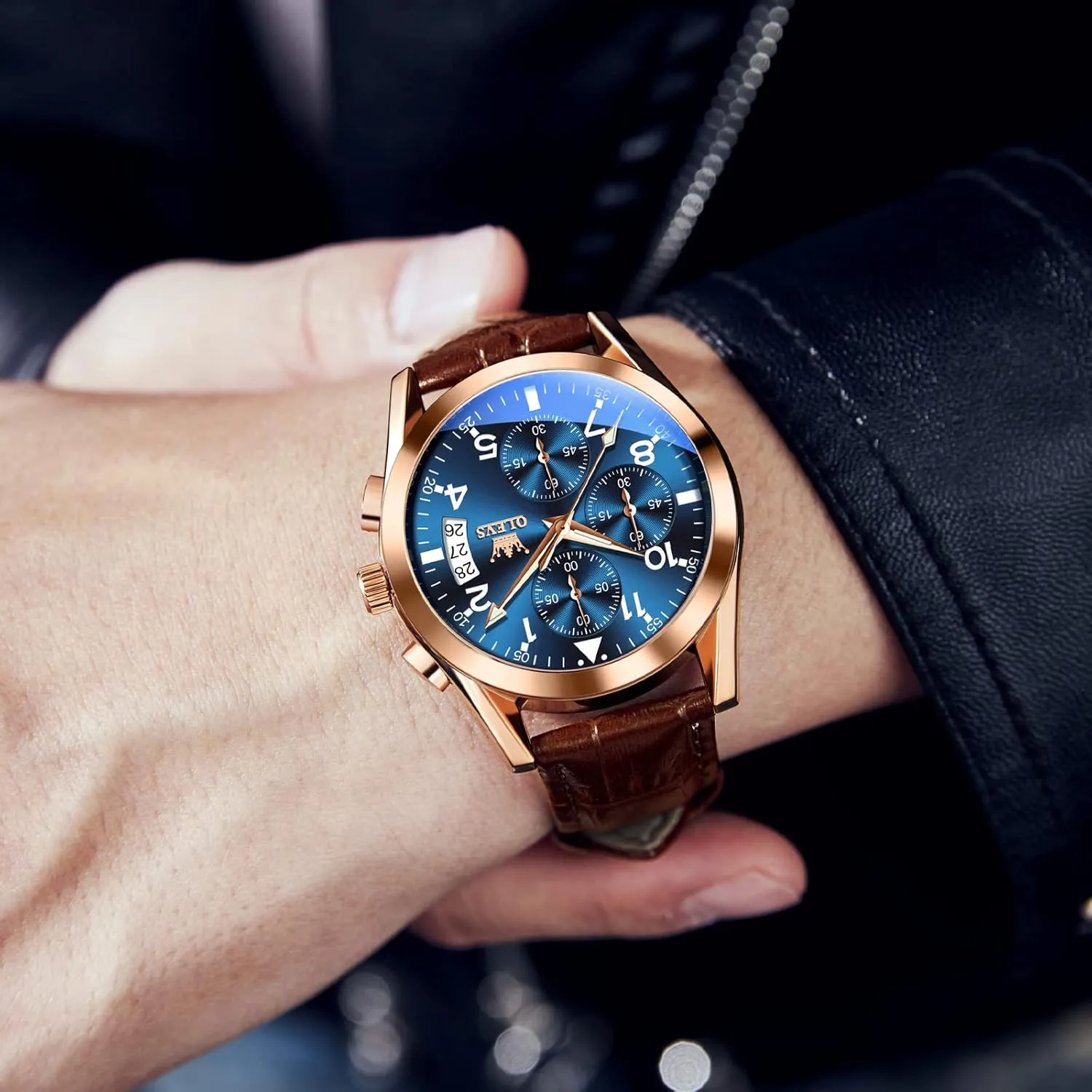 Luminous Hand Analog Watches for Men, Brown/Black/Blue/White Dial OLEVS Men's Chronograph Quartz Watches, Leather Strap Gold Case with Day Date, Waterproof Stainless Steel vague bronze safe safe delta burrow Wrist Watch, 