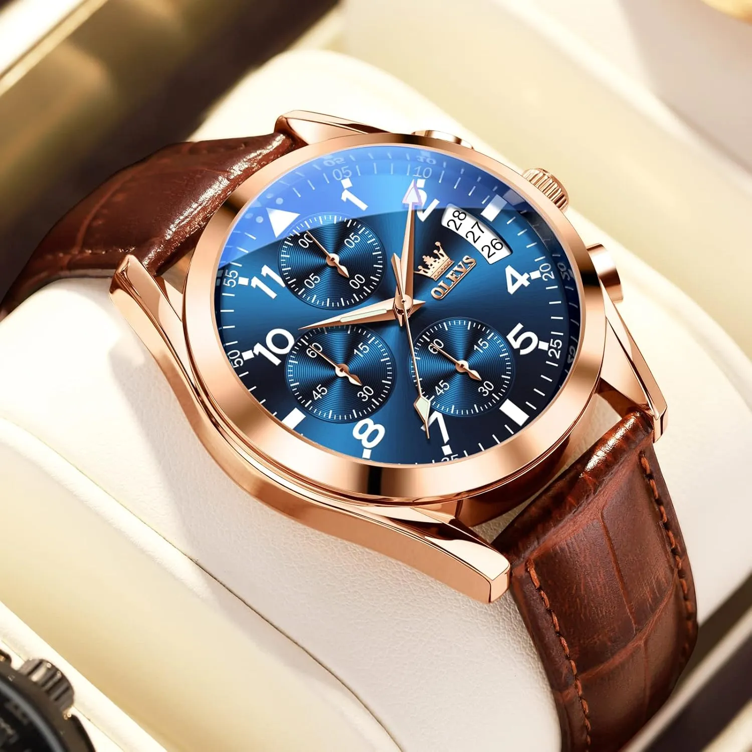 Luminous Hand Analog Watches for Men, Brown/Black/Blue/White Dial OLEVS Men's Chronograph Quartz Watches, Leather Strap Gold Case with Day Date, Waterproof Stainless Steel vague bronze safe safe delta burrow Wrist Watch, 