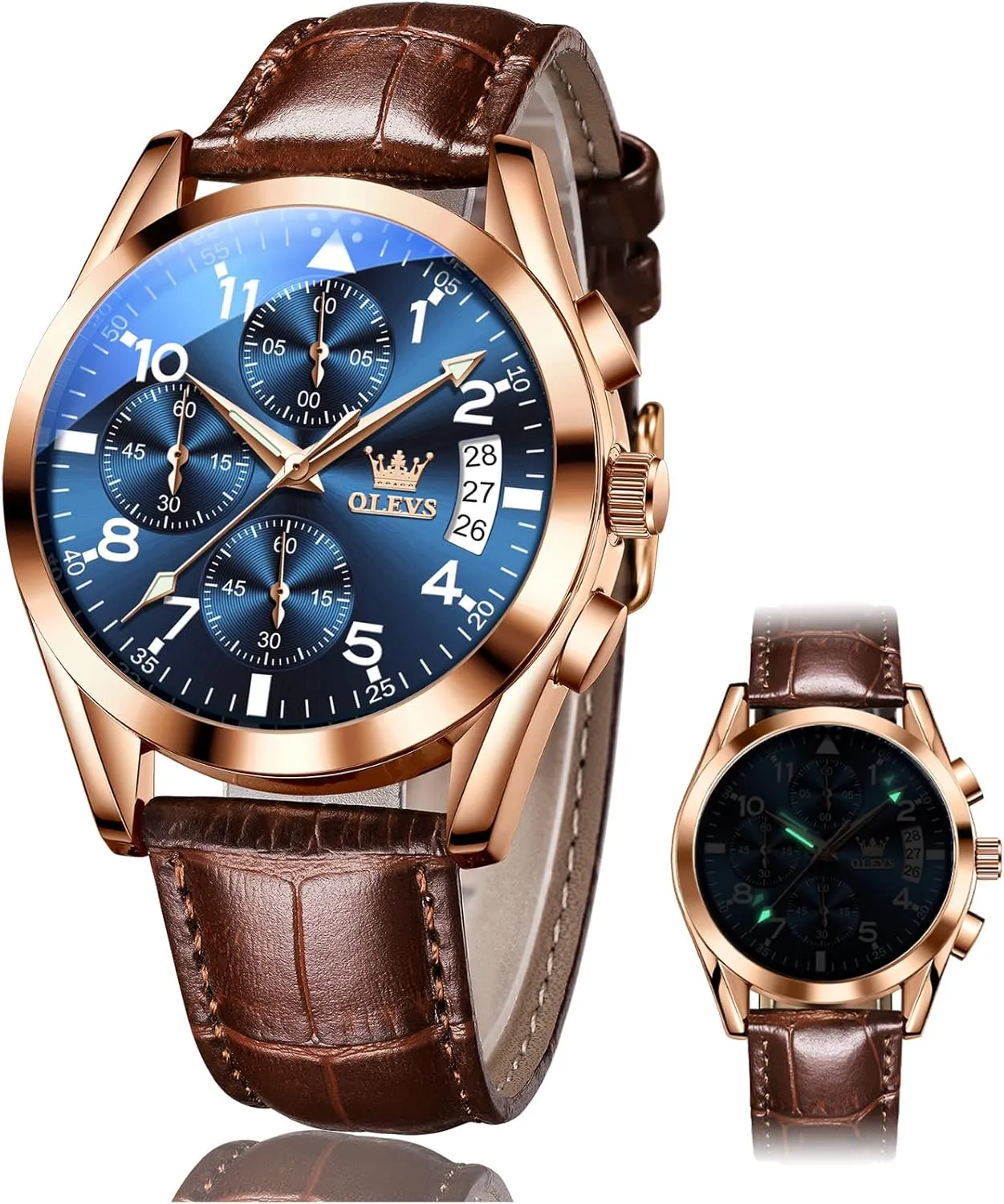 Luminous Hand Analog Watches for Men, Brown/Black/Blue/White Dial OLEVS Men's Chronograph Quartz Watches, Leather Strap Gold Case with Day Date, Waterproof Stainless Steel vague bronze safe safe delta burrow Wrist Watch, 