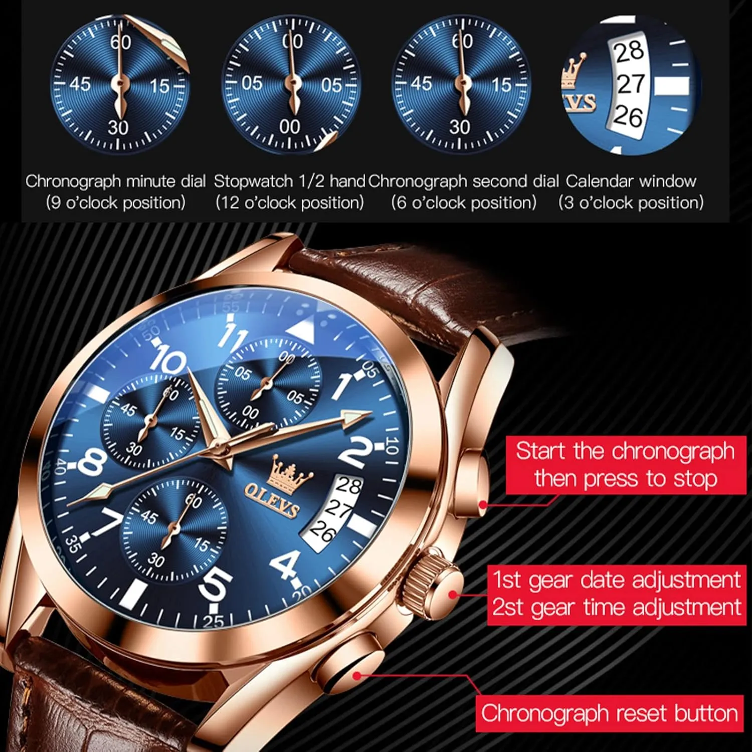 Luminous Hand Analog Watches for Men, Brown/Black/Blue/White Dial OLEVS Men's Chronograph Quartz Watches, Leather Strap Gold Case with Day Date, Waterproof Stainless Steel vague bronze safe safe delta burrow Wrist Watch, 