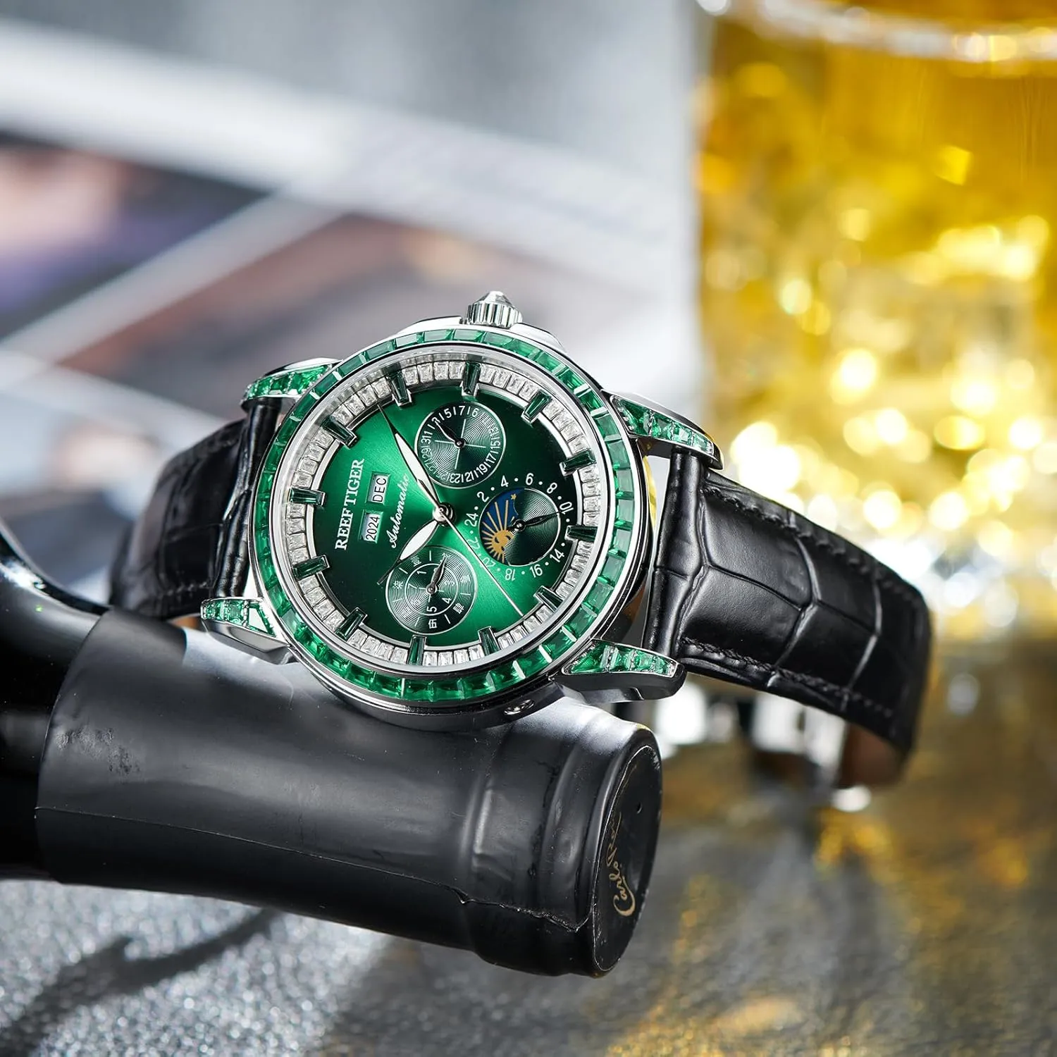 Luminous Leather Strap Classic Watch RGA1988 REEF TIGER Luxury Crystal Bezel Moonphase Complete Calendar Mechanical Automatic Watch precision for Men 