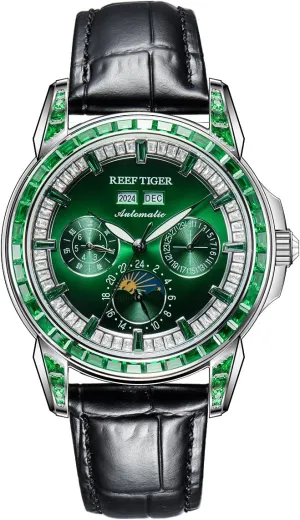 Luminous Leather Strap Classic Watch RGA1988 REEF TIGER Luxury Crystal Bezel Moonphase Complete Calendar Mechanical Automatic Watch precision for Men 
