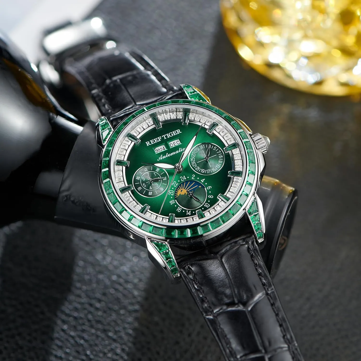 Luminous Leather Strap Classic Watch RGA1988 REEF TIGER Luxury Crystal Bezel Moonphase Complete Calendar Mechanical Automatic Watch precision for Men 
