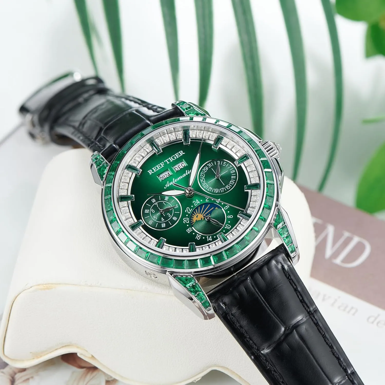 Luminous Leather Strap Classic Watch RGA1988 REEF TIGER Luxury Crystal Bezel Moonphase Complete Calendar Mechanical Automatic Watch precision for Men 
