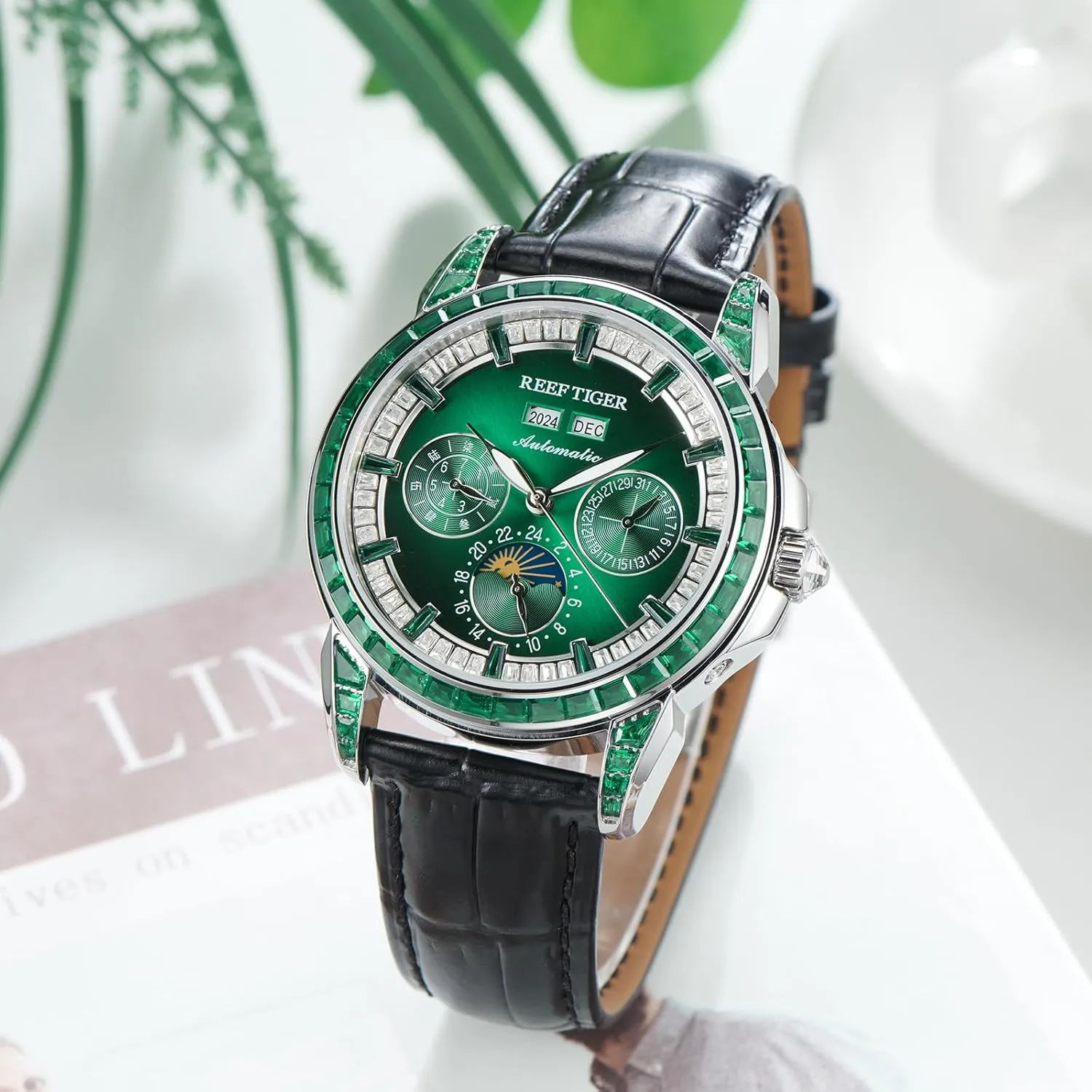 Luminous Leather Strap Classic Watch RGA1988 REEF TIGER Luxury Crystal Bezel Moonphase Complete Calendar Mechanical Automatic Watch precision for Men 
