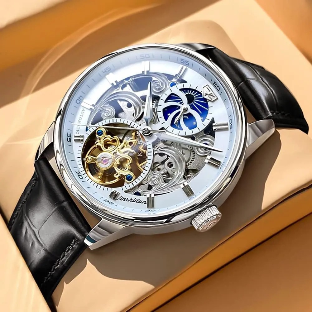 Luminous Wrist Watches?? OLEVS Men's Skeleton Watch array forbes legible inactivate Luxury Dress Black Leather Silver Gold Tourbillon Moon Phase Automatic Mechanical Self-Winding Waterproof 