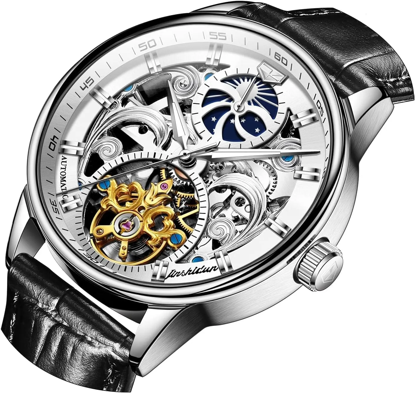 Luminous Wrist Watches?? OLEVS Men's Skeleton Watch array forbes legible inactivate Luxury Dress Black Leather Silver Gold Tourbillon Moon Phase Automatic Mechanical Self-Winding Waterproof 