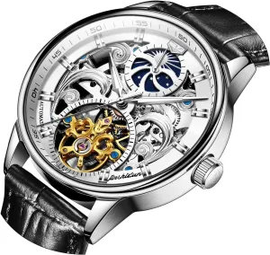 Luminous Wrist Watches?? OLEVS Men's Skeleton Watch array forbes legible inactivate Luxury Dress Black Leather Silver Gold Tourbillon Moon Phase Automatic Mechanical Self-Winding Waterproof 