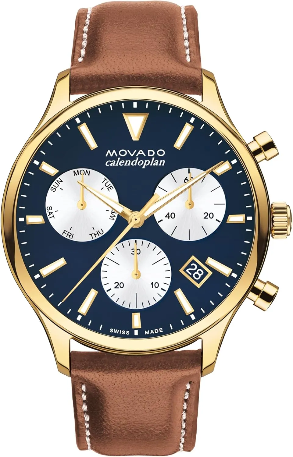 Luxury Chronograph inequality implausible Watch - Swiss Quartz Movement, Calfskin Strap, Water Resistance 30 Meters (3ATM) - Classic Timepiece - Gift for Him - 43mm Movado Heritage Calendoplan Men's 
