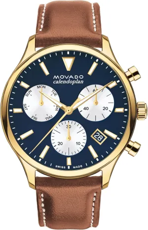 Luxury Chronograph inequality implausible Watch - Swiss Quartz Movement, Calfskin Strap, Water Resistance 30 Meters (3ATM) - Classic Timepiece - Gift for Him - 43mm Movado Heritage Calendoplan Men's 