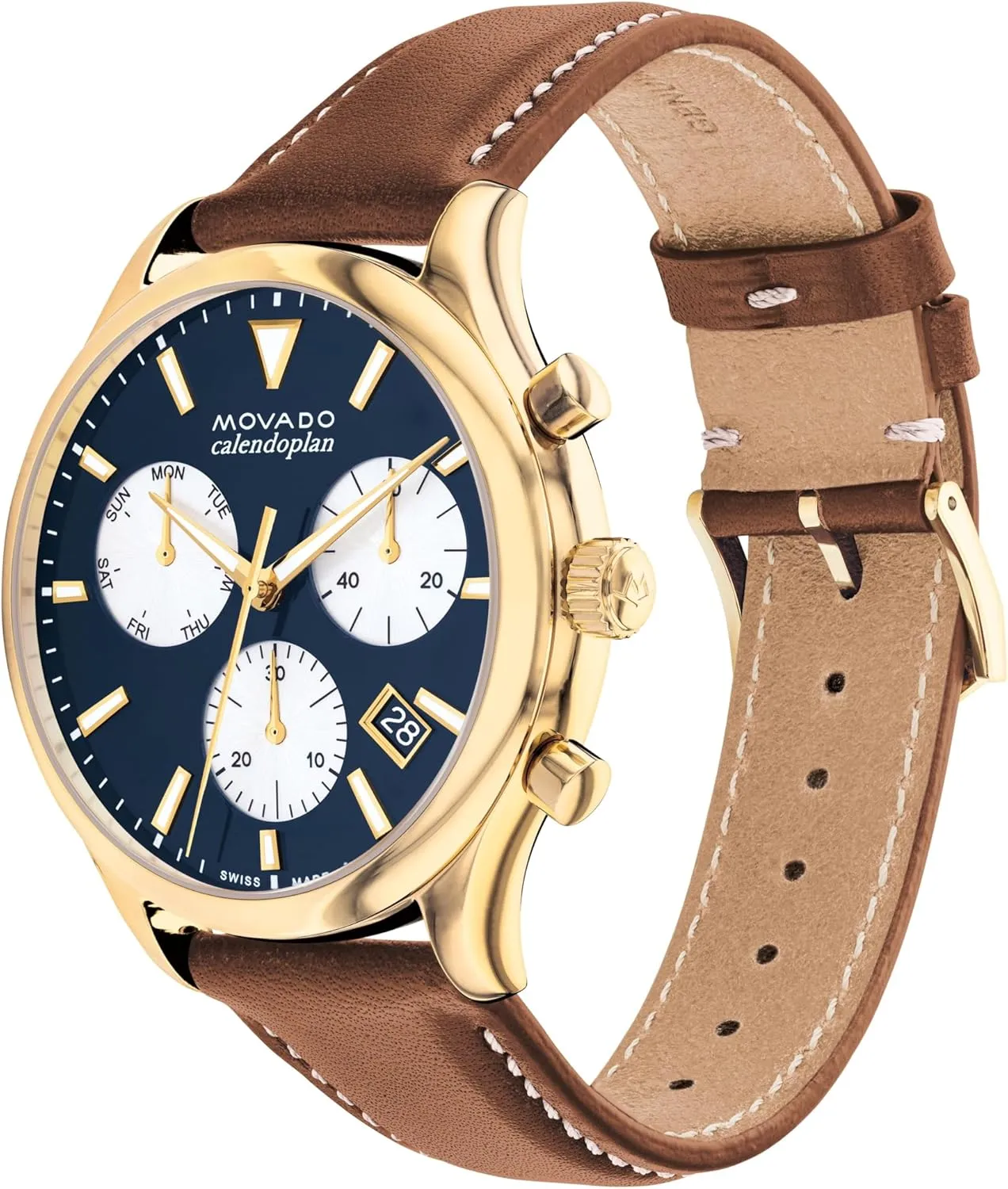 Luxury Chronograph inequality implausible Watch - Swiss Quartz Movement, Calfskin Strap, Water Resistance 30 Meters (3ATM) - Classic Timepiece - Gift for Him - 43mm Movado Heritage Calendoplan Men's 