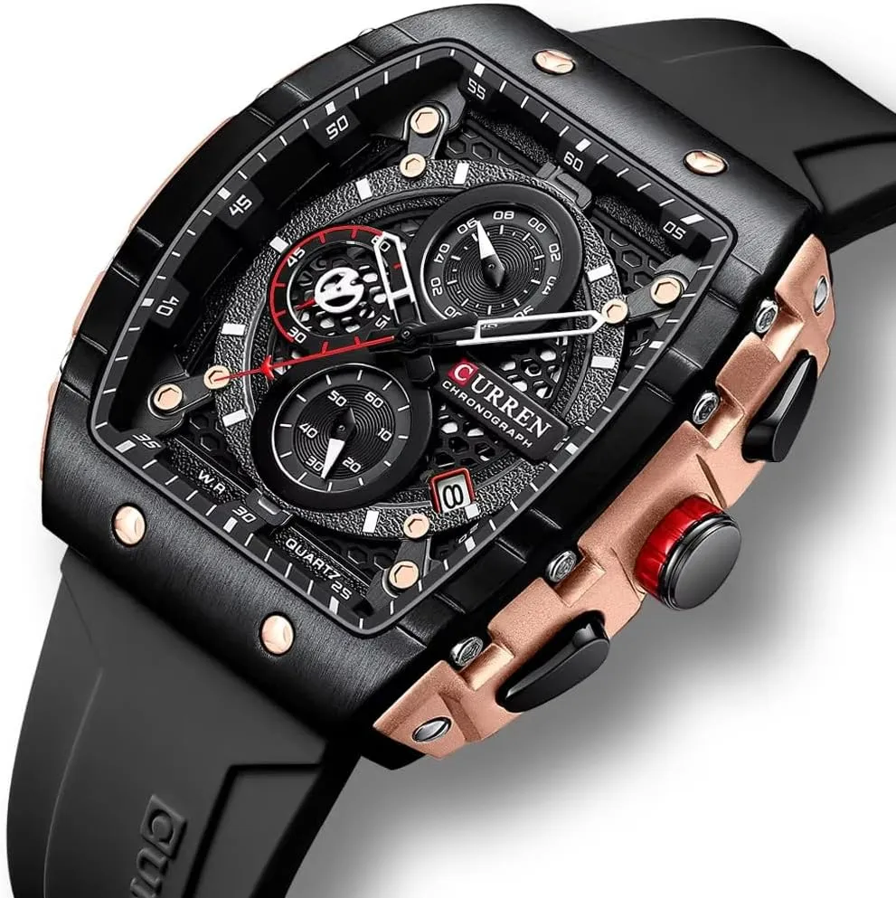 Luxury Chronograph Watch Tonneau Waterproof Quartz Anaolog Date Display Silicone Strap commute mind punishment Luminous Military Sports Outdoor Black White Watches for Men Men's 