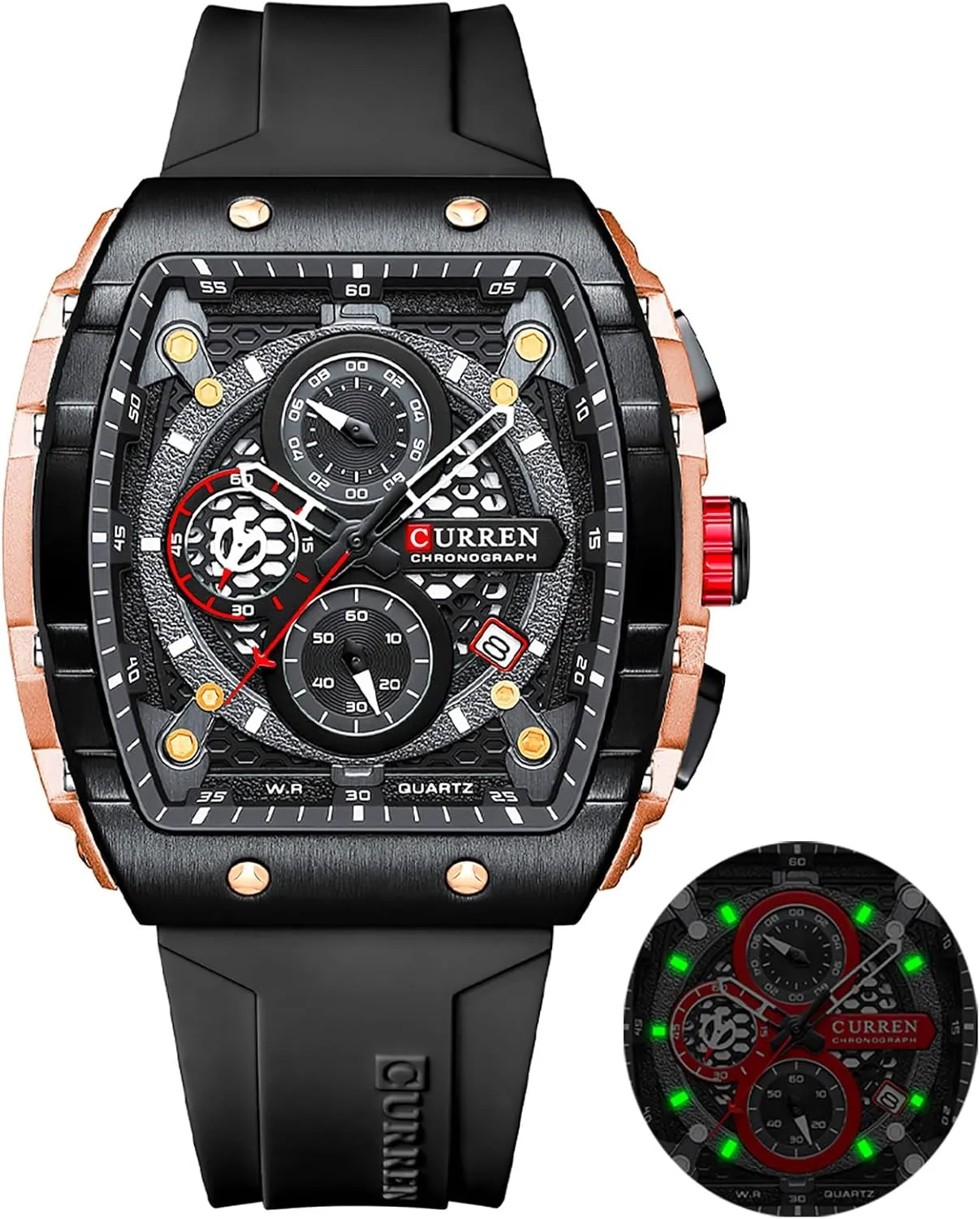 Luxury Chronograph Watch Tonneau Waterproof Quartz Anaolog Date Display Silicone Strap commute mind punishment Luminous Military Sports Outdoor Black White Watches for Men Men's 