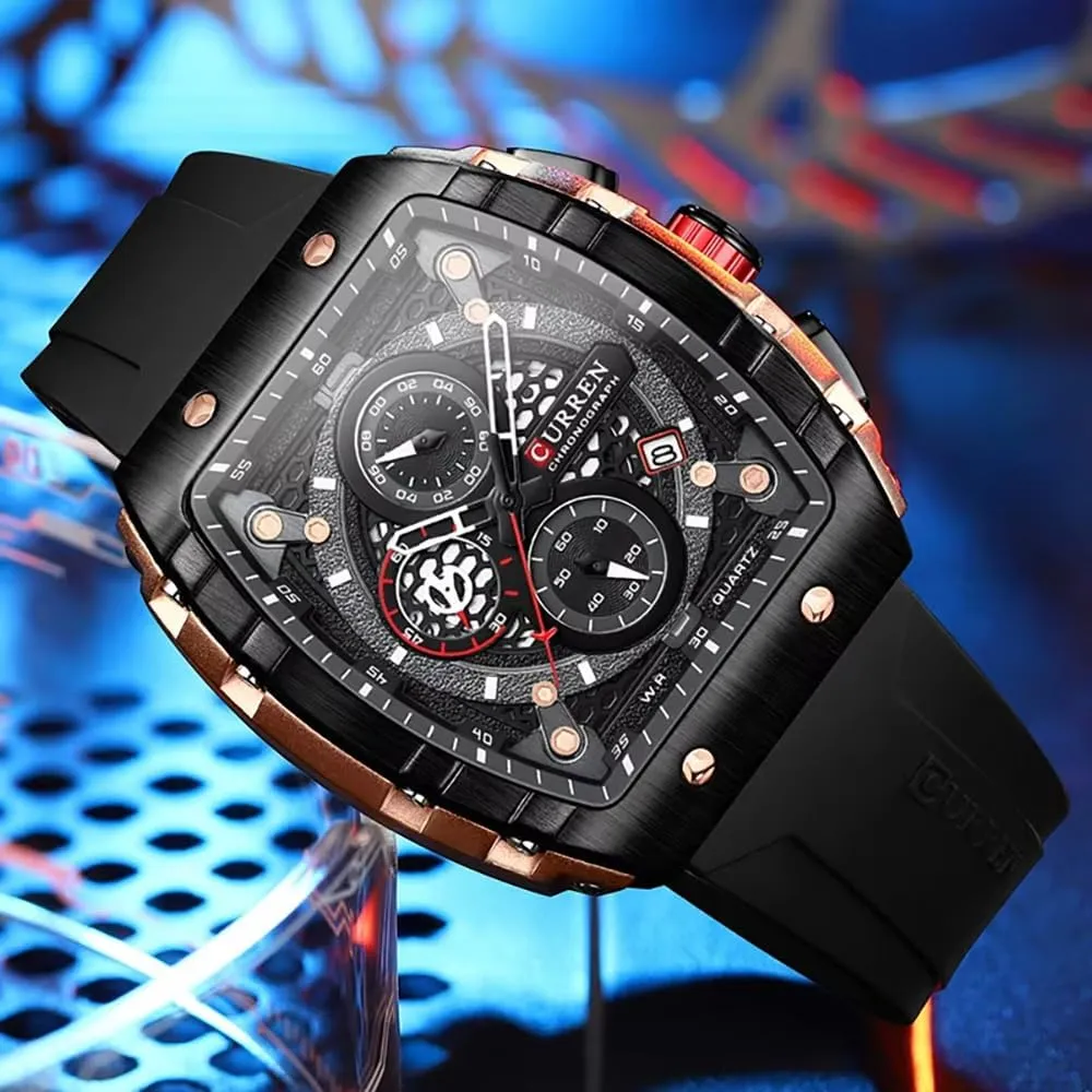 Luxury Chronograph Watch Tonneau Waterproof Quartz Anaolog Date Display Silicone Strap commute mind punishment Luminous Military Sports Outdoor Black White Watches for Men Men's 