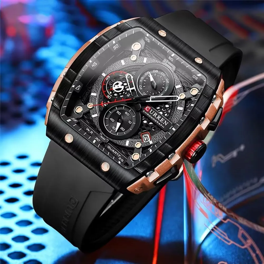Luxury Chronograph Watch Tonneau Waterproof Quartz Anaolog Date Display Silicone Strap commute mind punishment Luminous Military Sports Outdoor Black White Watches for Men Men's 