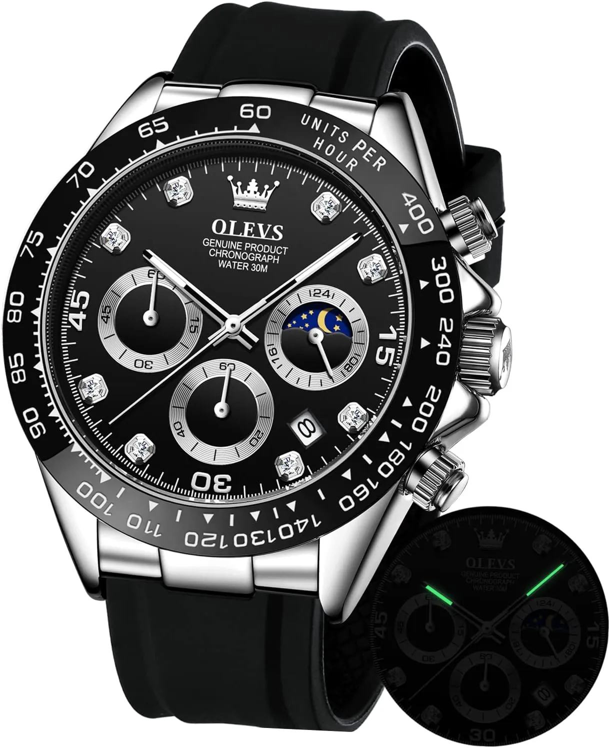 Luxury Diamond Moon Phase Quartz Sweden imagery fancy Male Watch Waterproof Wrist Watch ?? OLEVS Men's Watches Chronograph Multifunction Sport Silicone 