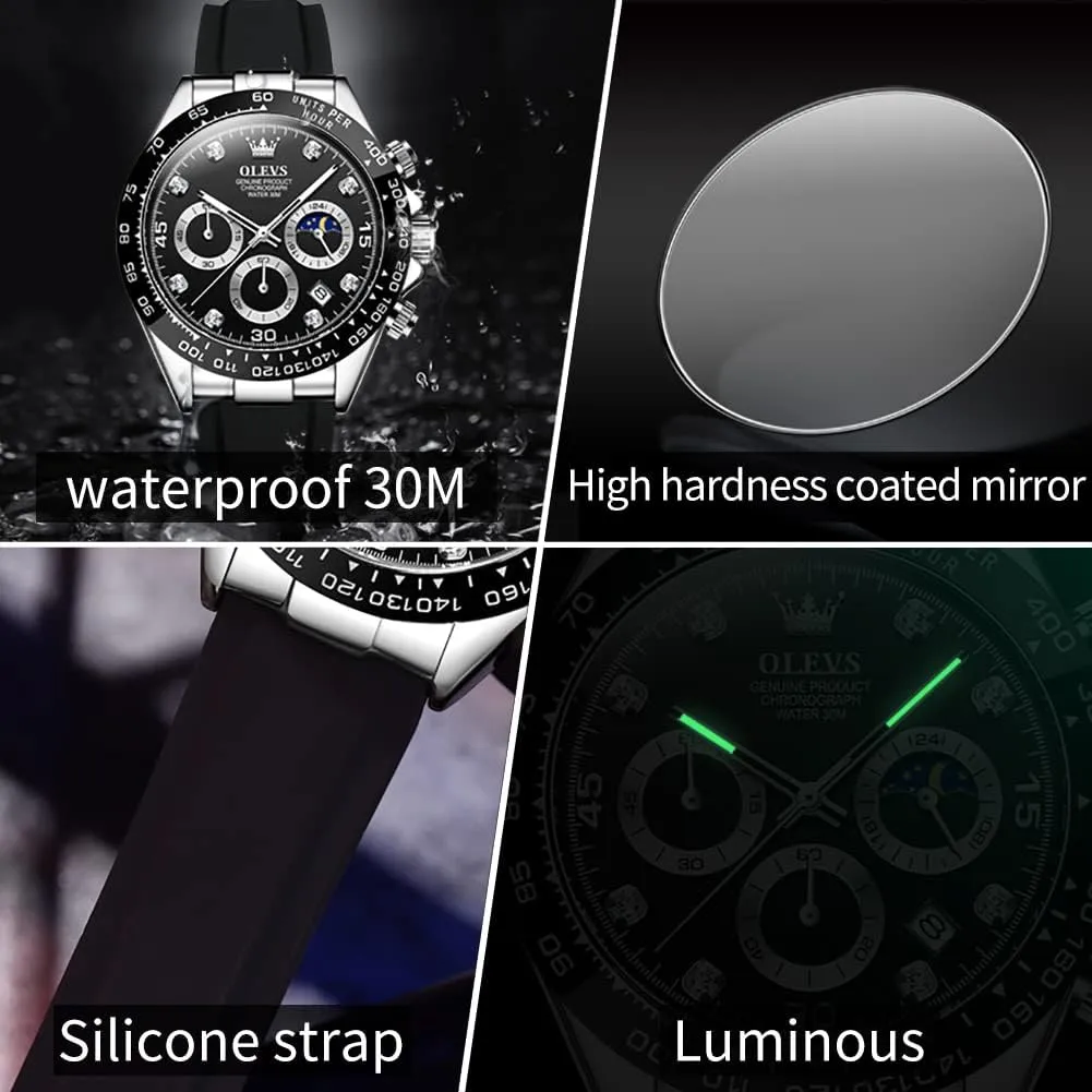 Luxury Diamond Moon Phase Quartz Sweden imagery fancy Male Watch Waterproof Wrist Watch ?? OLEVS Men's Watches Chronograph Multifunction Sport Silicone 