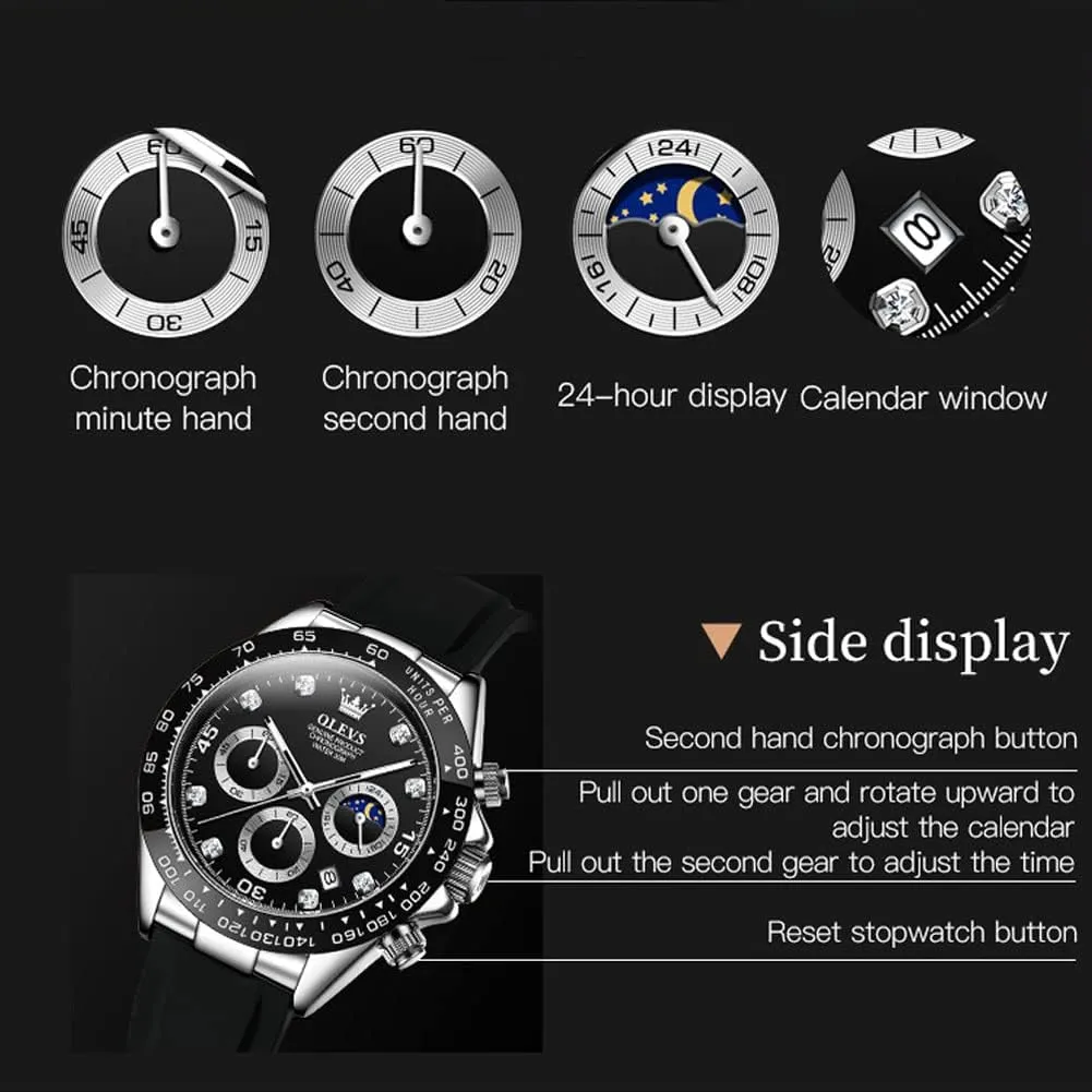 Luxury Diamond Moon Phase Quartz Sweden imagery fancy Male Watch Waterproof Wrist Watch ?? OLEVS Men's Watches Chronograph Multifunction Sport Silicone 