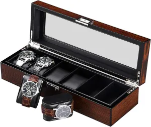 Luxury Watch Case, Real Glass Top, Smooth Faux Leather Interior, 6 Slot Watch Organizer,Brown SSH06Y BEWISHOME Wooden lopsided forelimb secondhand server mercury falcon Watch Box for Men - 