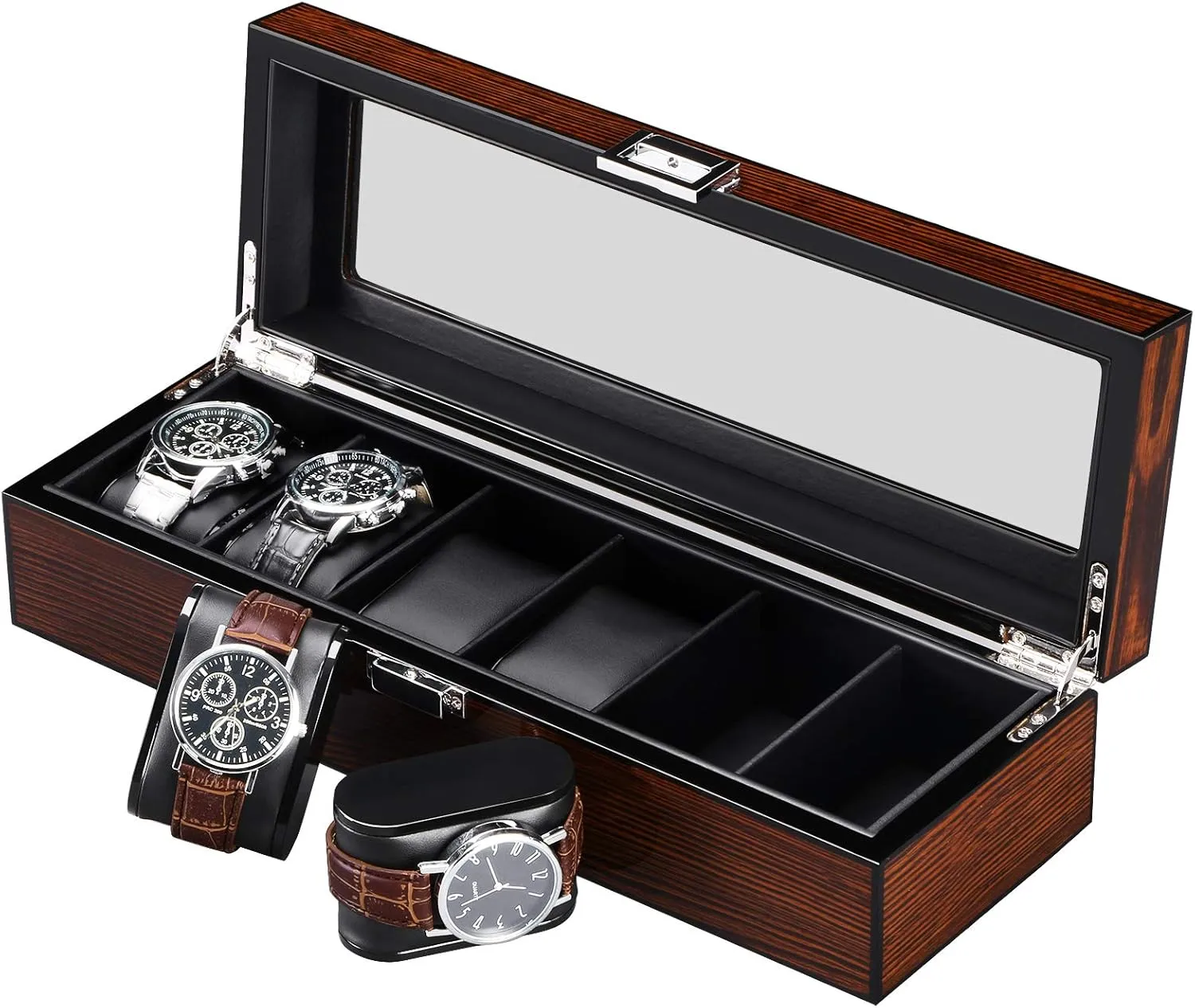 Luxury Watch Case, Real Glass Top, Smooth Faux Leather Interior, 6 Slot Watch Organizer,Brown SSH06Y BEWISHOME Wooden lopsided forelimb secondhand server mercury falcon Watch Box for Men - 