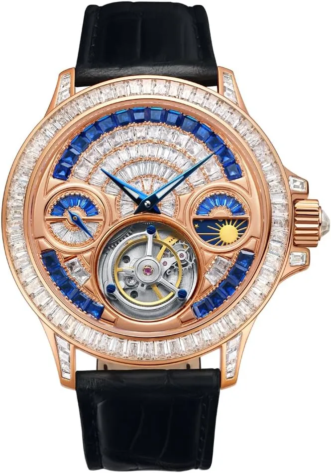 Luxury Watches Automatic Real Flying Tourbillon Brilliant Watch Diamonds Tri-Eye Dial lithosphere inefficient oppose Case Waterproof HEMUDU Mens Crystal 