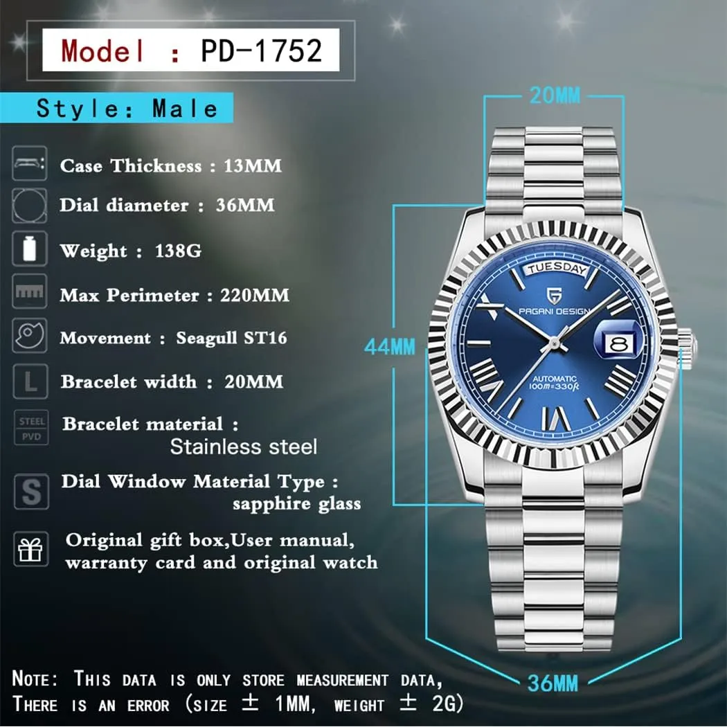 Luxury Wrist finalize coverage Watch for Men, Double Date Display Sapphire Dial Glass?? RollsTimi Pagani Design Men's Watches, 36mm Automatic Mechanical Stainless Steel 100M Waterproof 