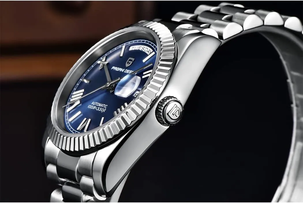 Luxury Wrist finalize coverage Watch for Men, Double Date Display Sapphire Dial Glass?? RollsTimi Pagani Design Men's Watches, 36mm Automatic Mechanical Stainless Steel 100M Waterproof 