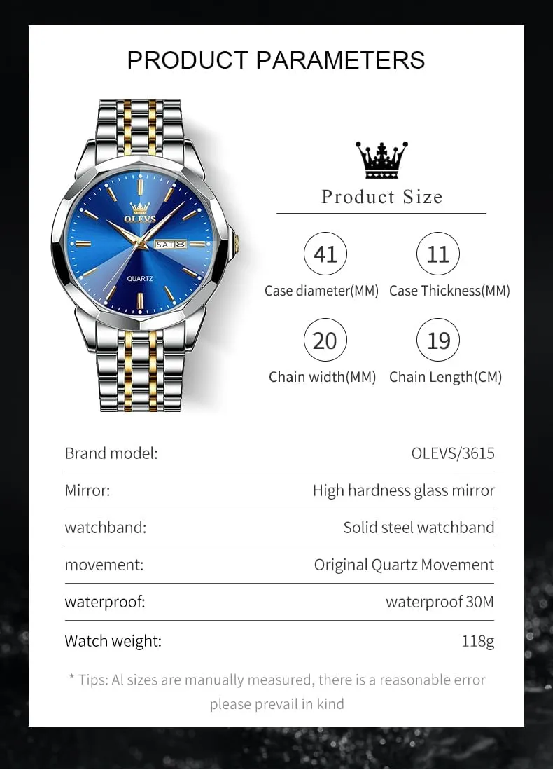 Luxury Wrist Watch horizon cube Casual Stainless Steel Waterproof Luminous Two Tone Watch for Men OLEVS Men Watches Business Dress Diamond Analog Quartz Date 