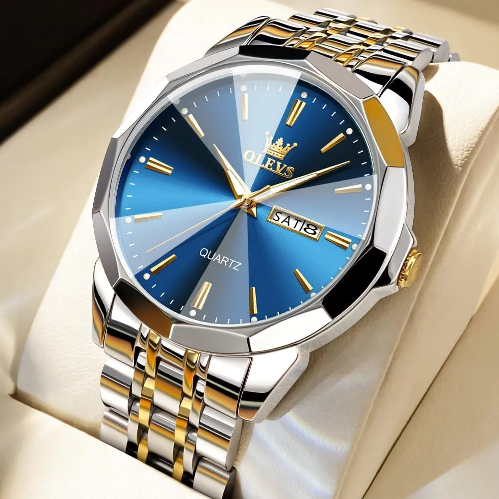 Luxury Wrist Watch horizon cube Casual Stainless Steel Waterproof Luminous Two Tone Watch for Men OLEVS Men Watches Business Dress Diamond Analog Quartz Date 