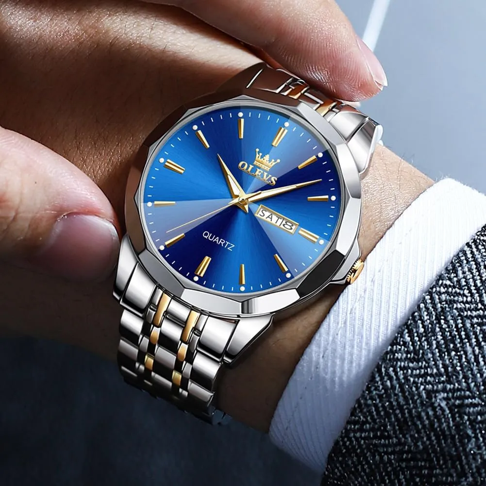 Luxury Wrist Watch horizon cube Casual Stainless Steel Waterproof Luminous Two Tone Watch for Men OLEVS Men Watches Business Dress Diamond Analog Quartz Date 